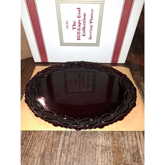 Vintage 1986 Avon Cape Cod Collection Ruby Red Cranberry Glass Serving Platter - Picture 1 of 5